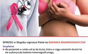 zdjęcie przedstawia plakat, na którym widnieje napis: Październik miesiącem walki z rakiem piersi oraz informacje dotyczące badań mammograficznych (opracowanie: SPMZOZ w Słupsku)